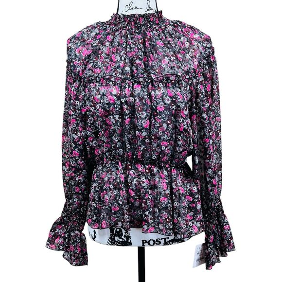 Zara black blouse Floral print Long sleeve peplum top boho romantic size M - Picture 1 of 13